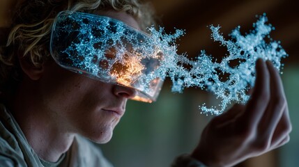 Man experiencing augmented reality with futuristic VR glasses, exploring digital data in a modern, innovative world