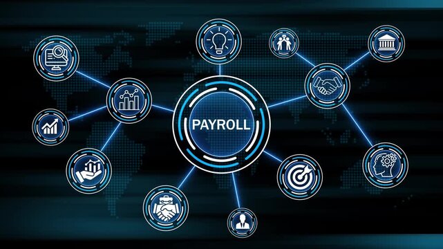 payroll Return on investment financial growth concept. Business, Technology, Internet and network concept ,Abstract technology symbols on a map background.
