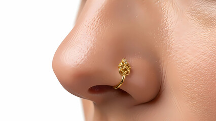 Traditional Gold Nose Stud Worn on Woman’s Nose Isolated
