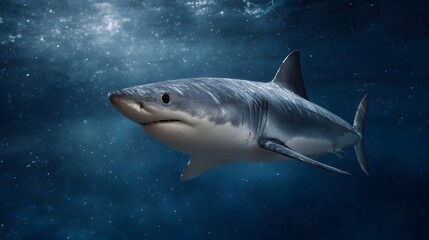 A powerful great white shark swims gracefully through the deep blue ocean currents illuminated by subtle light rays from above