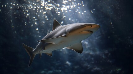 A grey shark swims through the blue ocean depths illuminated by shafts of light filtering from above