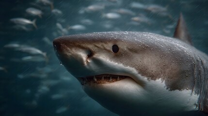 A close up of a predatory shark swimming underwater surrounded by a school of fish with visible raindrops