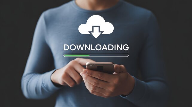 Download processing data concept. Downloading data from cloud storage. Person using smartphone with downloading bar on virtual screen for download files. - Powered by Adobe