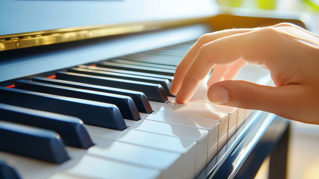 Hand piano keyboard keys close up soft light music practice melody harmony glow in gentle morning light, serene focus and tender touch on glossy key surface evoke calm and inspiration