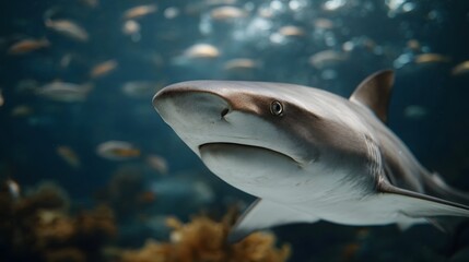 A shark swims serenely in the ocean s blue depths with a school of smaller fish nearby