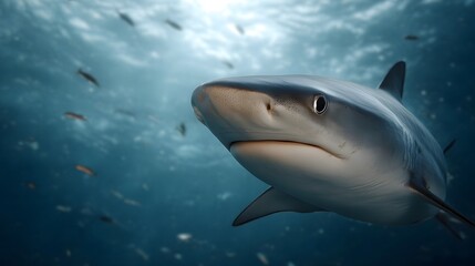 A powerful shark swims through the deep blue ocean its eye focused with small fish schooling in the blurred background