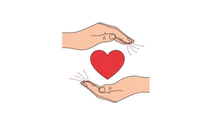 Two hands gently holding a red heart symbolizing love care and affection in a simple illustration