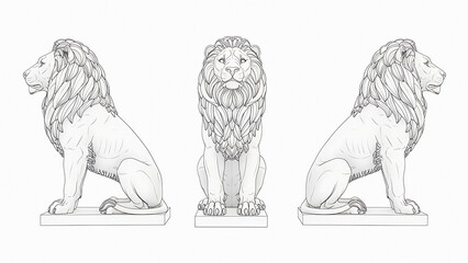 Three lions statues in different poses on pedestals transparent background stone sitting