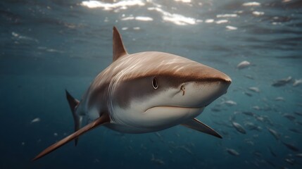 A majestic shark swims through clear blue ocean water surrounded by a school of fish