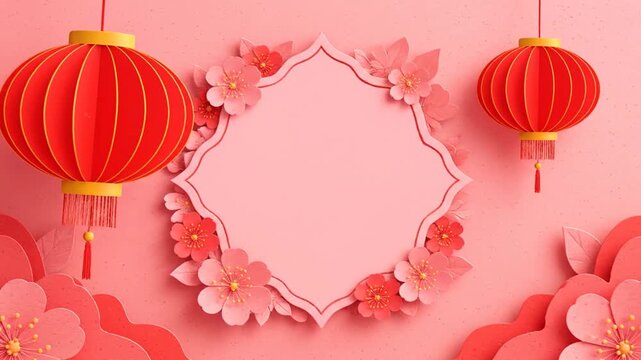 A serene Chinese New Year celebration scene with red lanterns and pink cherry blossoms in full bloom against a soft pink background