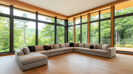 Fototapeta premium Modern sectional sofa open plan living room floor to ceiling windows natural light interior minimalist design wood floor forest view neutral color palette contemporary home tranquil space
