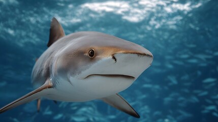 A majestic shark swims through the clear blue ocean with a school of fish in the background