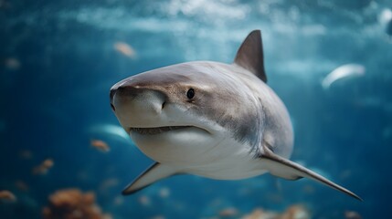 A powerful tiger shark swims in clear blue ocean waters its intimidating presence felt as it glides forward with sharp eyes and a focused gaze