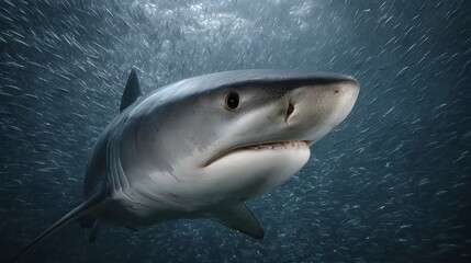 A powerful shark moves through a dense school of scattering fish in the deep blue ocean waters