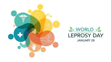 Vibrant world leprosy day graphic with medical symbols and colorful circles on white background