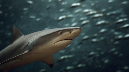 Mysterious shark swims in dark ocean waters with a school of fish scattering during rainfall