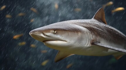A close up view of a shark swimming powerfully through murky underwater depths with numerous small fish scattered around in a dynamic atmospheric
