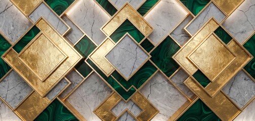 A digital artwork featuring a geometric pattern of interlocking gold squares and rectangles on a background of white marble and green malachite