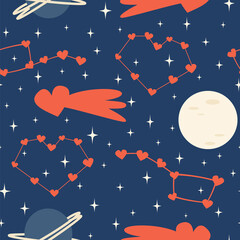cute hand drawn valentine&rsquo;s day holiday seamless vector pattern illustration with stars, red heart constellation, moon and planet on blue background
