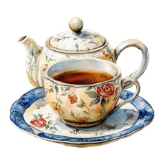 Vintage Tea Set with Roses on Transparent Background