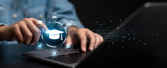 Education Technology: A person interacts with educational technology, represented by an academic hat icon, signifying the fusion of learning and digital innovation.