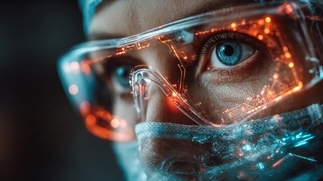 Futuristic medical professional with striking blue eyes wearing protective eyewear and face mask, digital circuit overlay, modern healthcare - Powered by Adobe