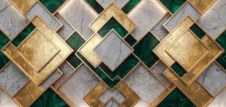 A digital artwork featuring a geometric pattern of interlocking gold squares and rectangles on a background of white marble and green malachite