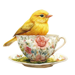 Yellow bird perched on floral teacup with saucer on transparent background