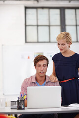 Advertising, teamwork or people with laptop in creative agency, plan or manage social media for...