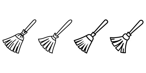 Assortment of stylized brooms with straw bristles and long handles for cleaning or magic © MstPoliAkther