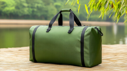 Green duffel bag waterproof travel bag large utility bag outdoor gear durable fabric black strap zip closure weekend bag minimalist design lake shore