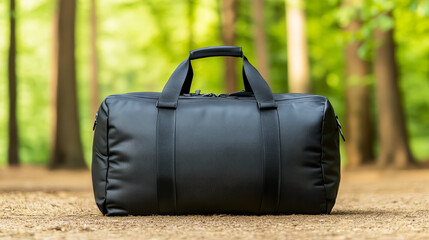 Black duffel bag waterproof travel bag utility outdoor durable minimalist matte carry handle zipper closure shown on forest path, rugged and practical for weekend trip and gym gear