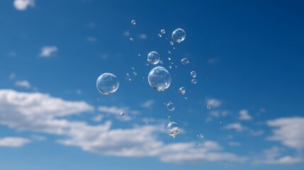 Transparent water bubbles gracefully float and scatter across a clear blue sky dotted with fluffy white clouds creating a refreshing and light