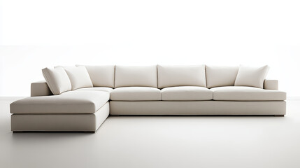 Naklejka premium Cream sectional sofa modern couch minimalist living room clean lines upholstered furniture neutral color chaise lounge modular design large seating contemporary style offers calm comfort airy space