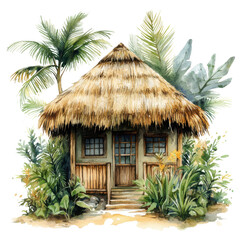 Tropical Hut with Palm Trees on Transparent Background