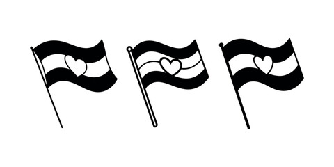 Three waving flags with heart symbol on white background vector illustrations