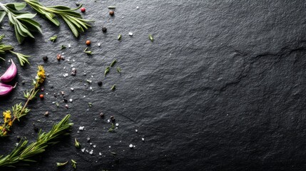 Fresh herbs and spices scattered on dark slate surface creating a rustic cooking background for culinary projects and food photography.