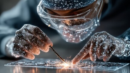 Futuristic technician soldering circuit board with sparks, showcasing innovation, technology, and cutting-edge design for a modern digital world