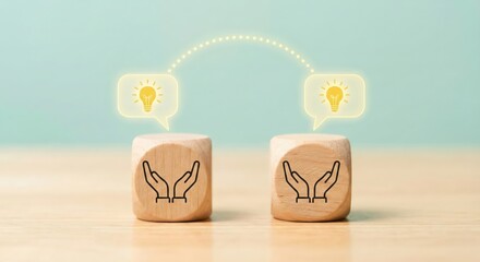 Minimalist knowledge sharing concept featuring wooden blocks with hand icons and glowing yellow lightbulbs for idea exchange, creative collaboration, and professional brainstorming in studio.