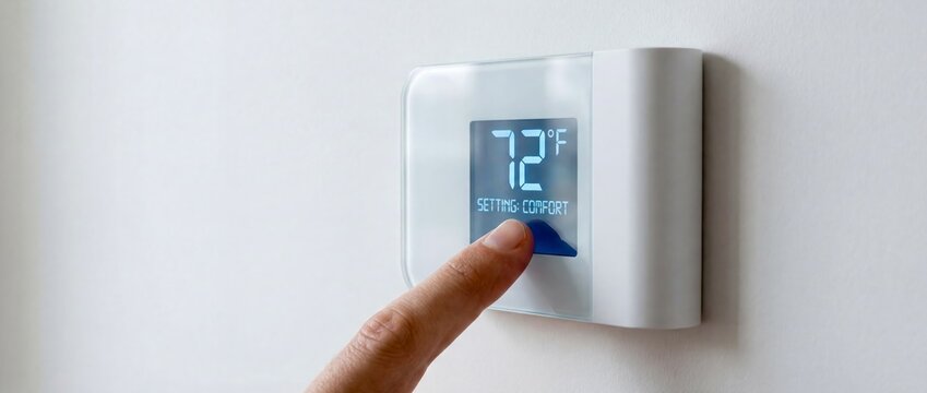 A finger pressing a button on a digital thermostat set to 72 degrees Fahrenheit on a white wall