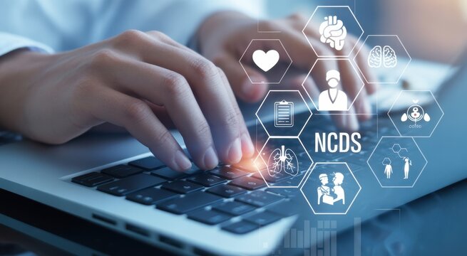 Healthcare Innovation at Work: Hands type on a laptop keyboard, interfacing with a dynamic display of medical icons and data visualizations.