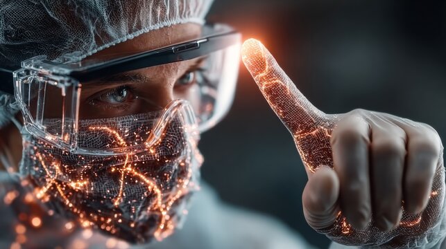 Futuristic scientist in protective gear interacting with glowing digital interface, innovation and technology concept - Powered by Adobe