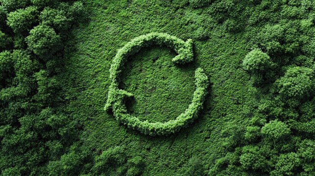 Recycling symbol made of green foliage, representing environmental conservation