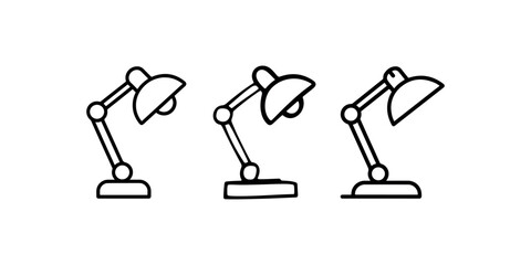Set of three adjustable desk lamps in various positions shown with black outline drawing style