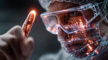 Futuristic scientist touching digital interface with safety glasses in lab, showcasing innovation, science, and technology advancements for future concepts