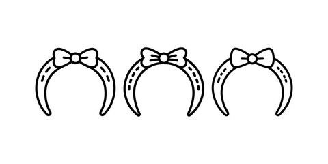 Collection of three hair band icons with bows on top for woman accessory design element