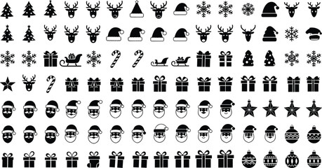 Christmas holiday icon set, black silhouette Santa reindeer tree gift snowflake and winter elements, festive collection, CAD drawing flat vector illustration © MDMOHOBBAT