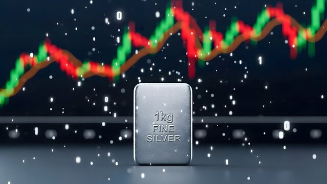 1 KG Fine Silver Bar with Market Chart and Snow Particle Overlay