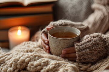 Close-Up of Hands Holding Steaming Herbal Tea in Cozy Blanket