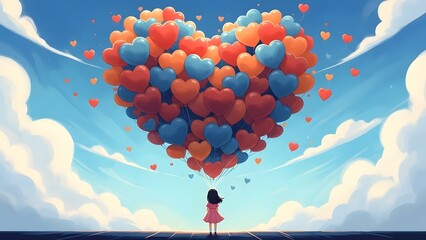 Valentine's day celebration with colorful heart shaped balloons and romantic sky background